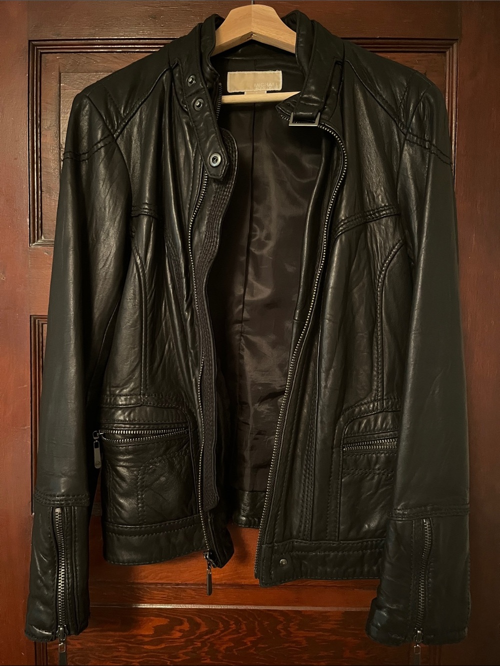Michael Kors Black Leather Moto Jacket with Zip & Snap Collar